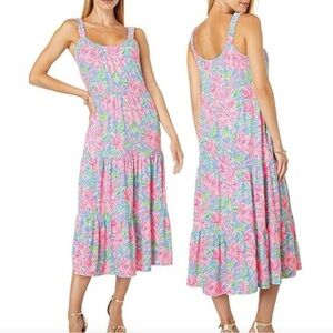 Lilly Pulitzer Loro Midi Tiered Dress - Size L - Blue Peri Sunrise Bay
